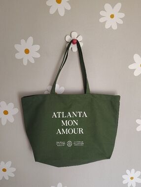 NWOT Green Sezane Atlanta Mon Amour White Lettering Cotton Canvas Tote Bag